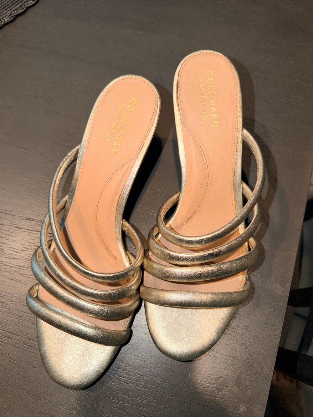 Cole Haan Metallic Gold Strappy Block Heel Sandals